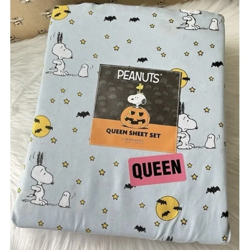 Berkshire Peanuts Snoopy QUEEN Sheet Set Halloween Ghost Witch Moons Bats NEW